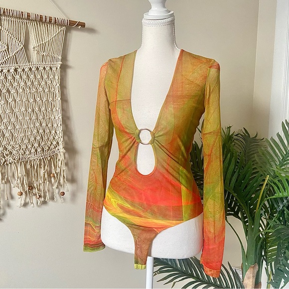 Farai London Tops - Farai London Orange and Yellow Swirl Bodysuit